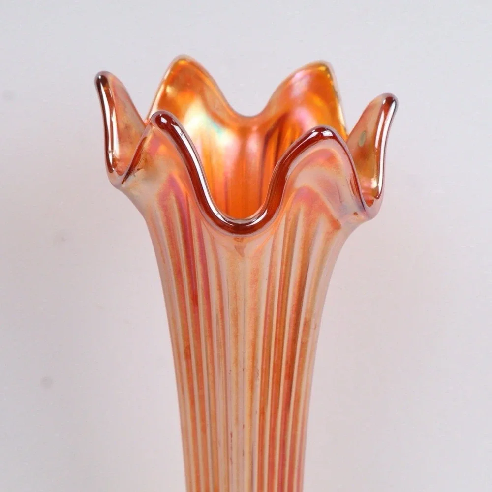 Fenton Antique Carnival Glass Swung Vase Orange Marigold Candy Ribbon‎ Crimped